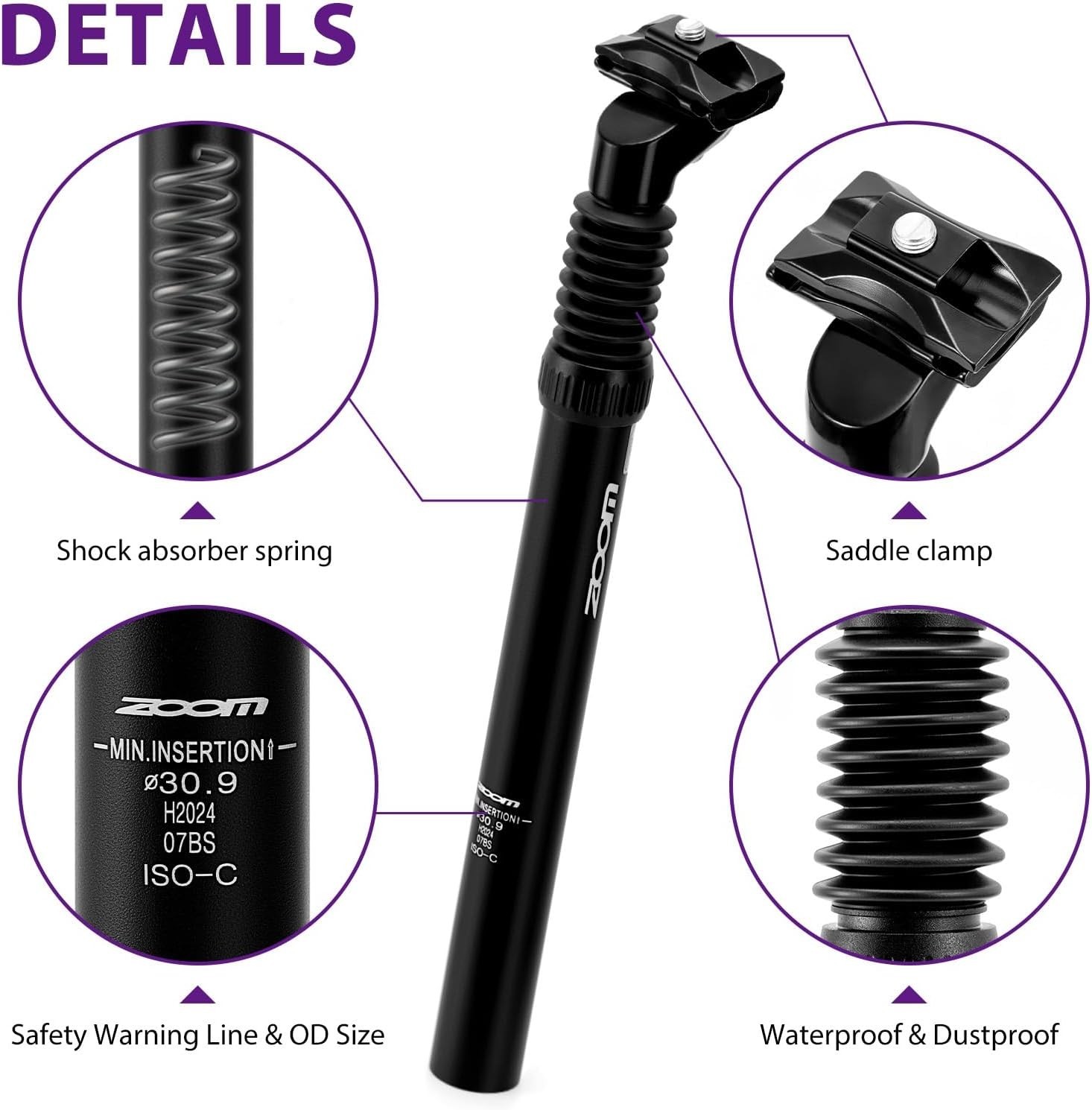 Zoom Bike Suspension Seatpost: 27.2/30.9/31.6 X 350 Mm Shock Absorber Damper Bic