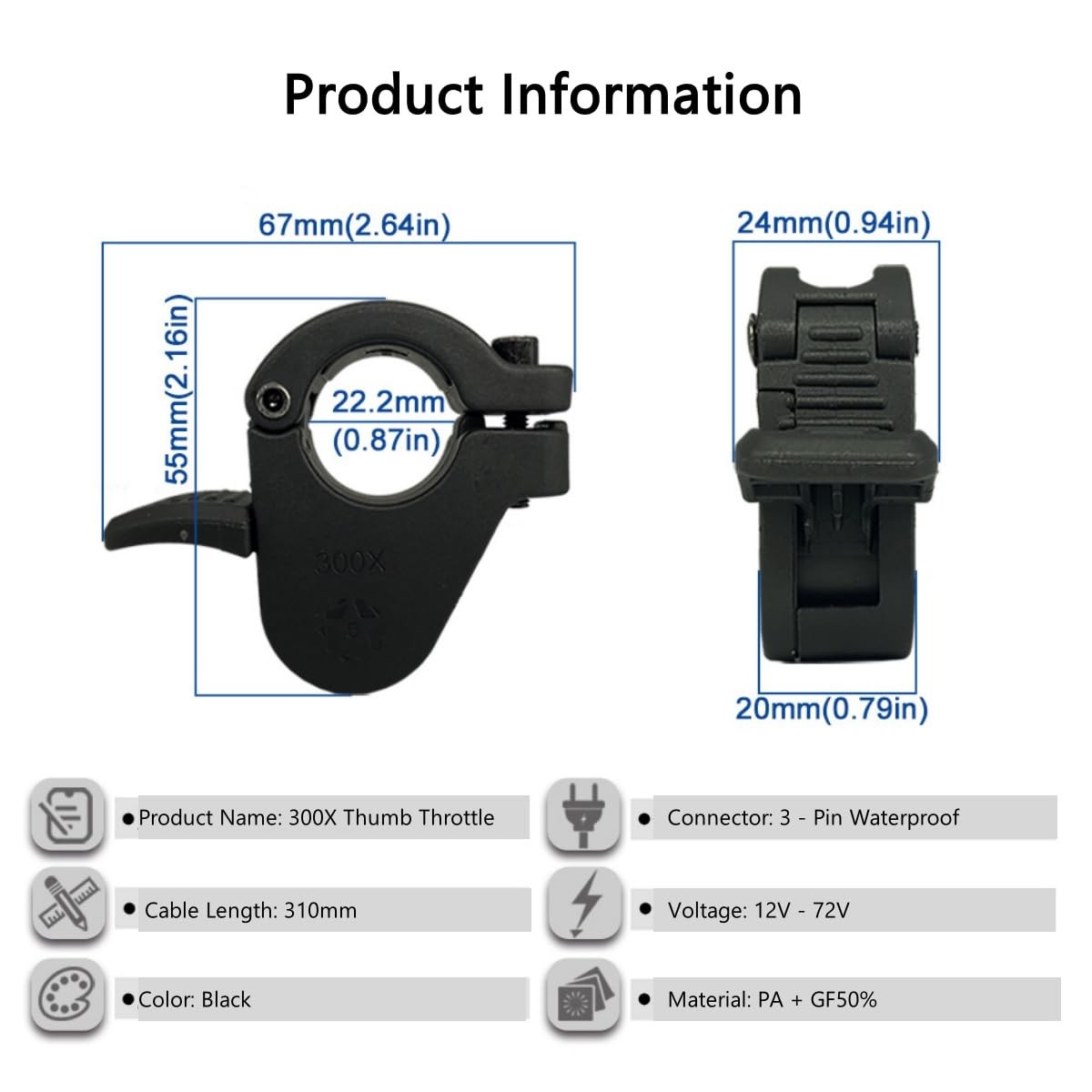 Ebike Thumb Throttle,12V/24V/36V/48V/52V/60V/72V 3-Pin M8 Waterproof Ebike Throt