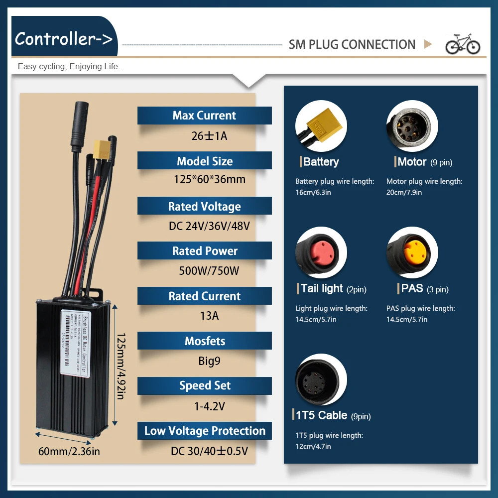 E-bike 26A Waterproof Three Mode Sinewave Controller 24V/36V/48V with Display