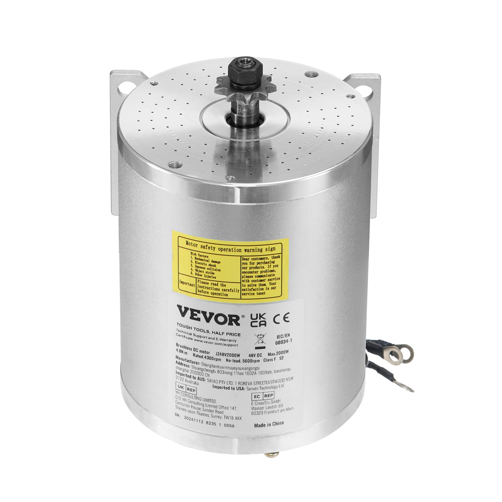 VEVOR 2000W Electric Brushless DC Motor Kit 48V 4300rpm Motor with Controller