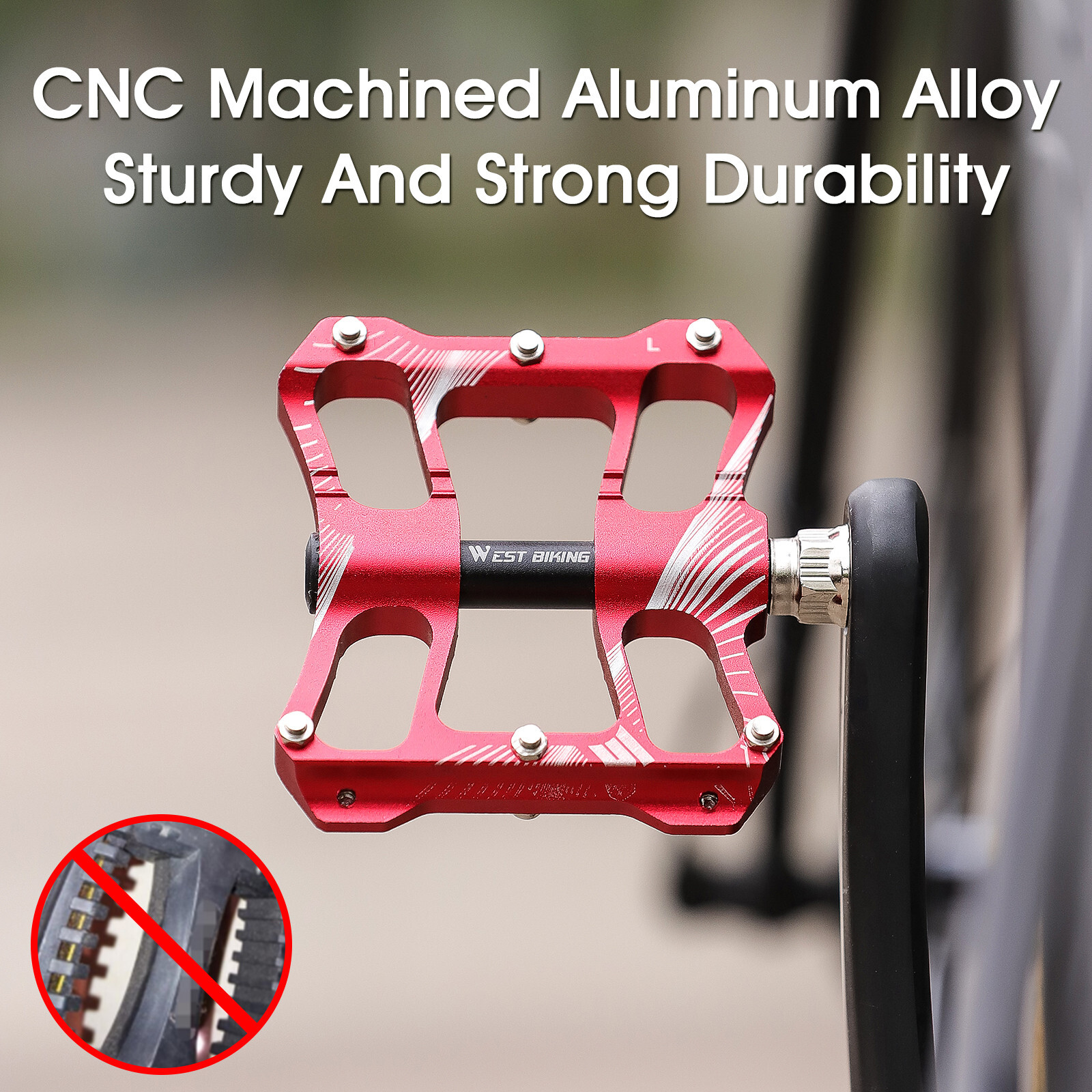 WEST BIKING 2 Sealed Bearings Bicycle Pedals Aluminum Alloy Bike Flat Pedals Red
