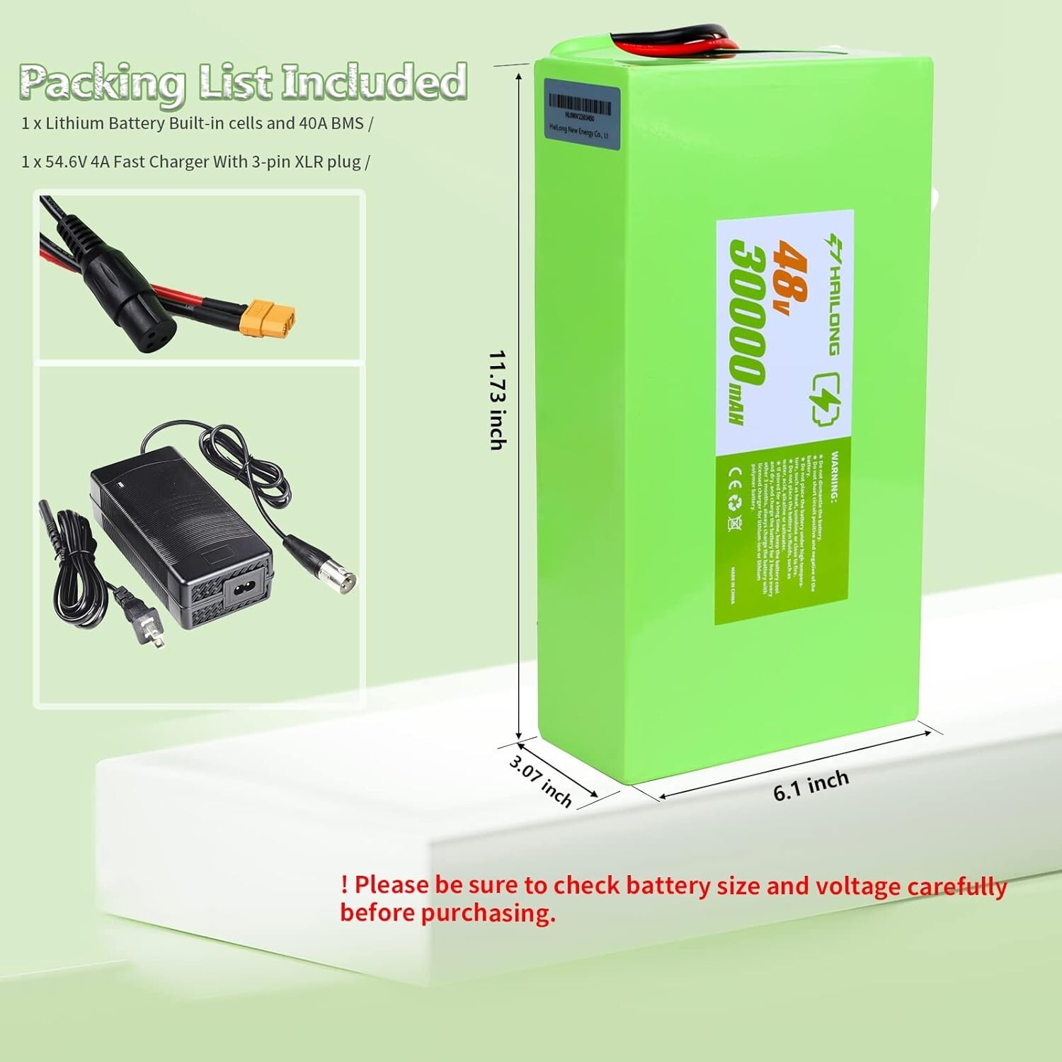H HAILONG 48V 30Ah Battery lithium for 200W-1500W motor