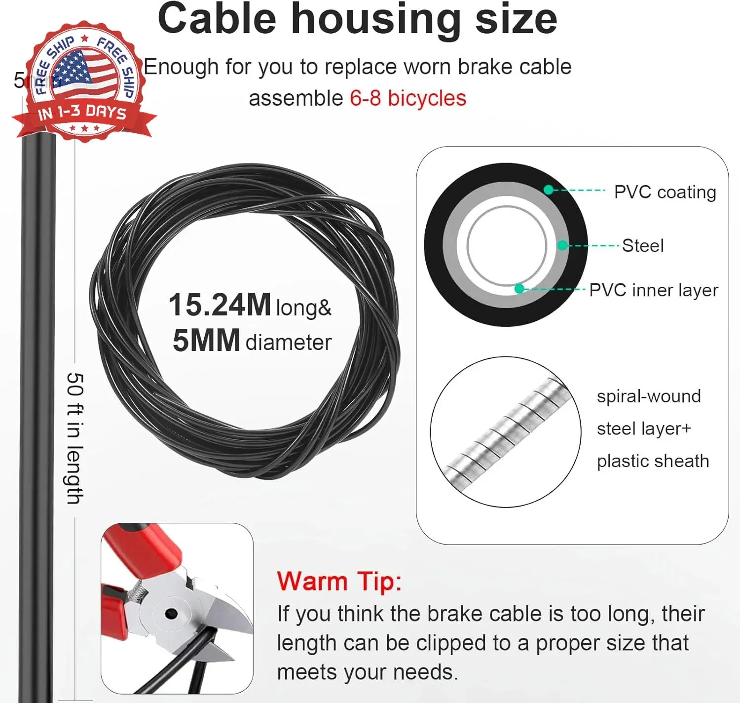 Brake Cable Housing, 5mm x 50ft Bicycle/Bike Lined Brake Cable Housing,Bicycle B