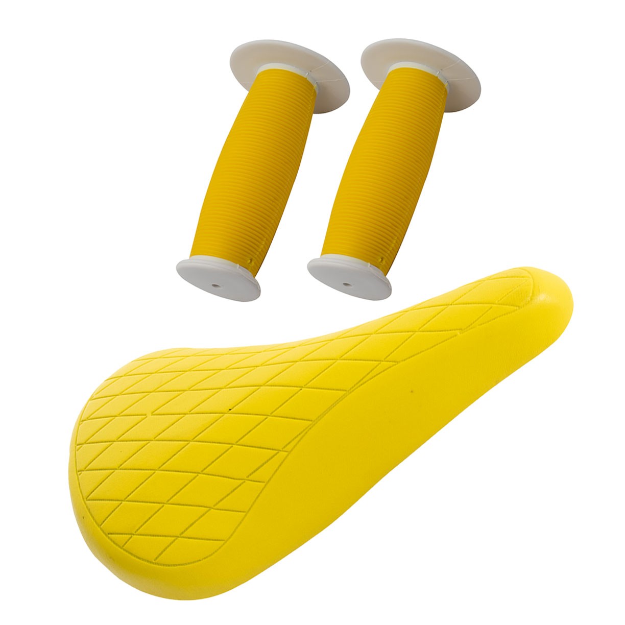 PRO+ Yellow Diamond Saddle & Yellow/White Mushroom Grips BMX BIKE