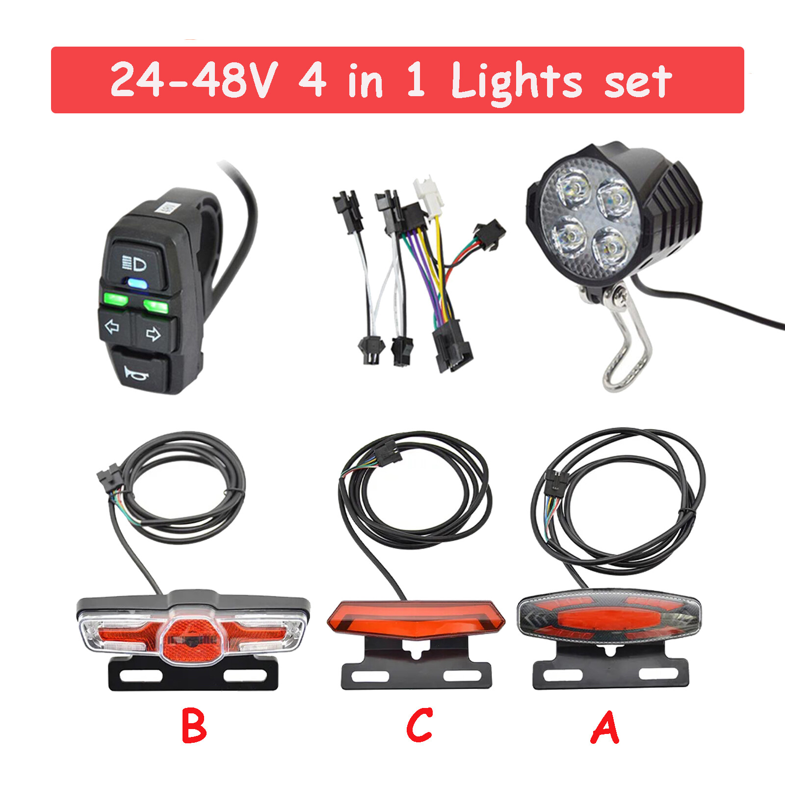 24V-48V E-Bike LED Headlight & Tail Light Set Horn Turn Signal Switch Button NEW