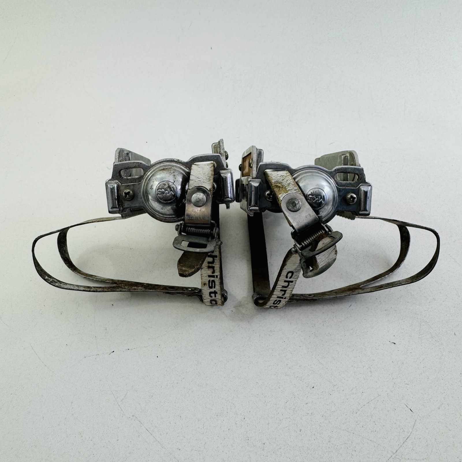 Vintage MKS K11A Platform Pedals Christophe Toe Clips Straps 9/16 In Silver A96