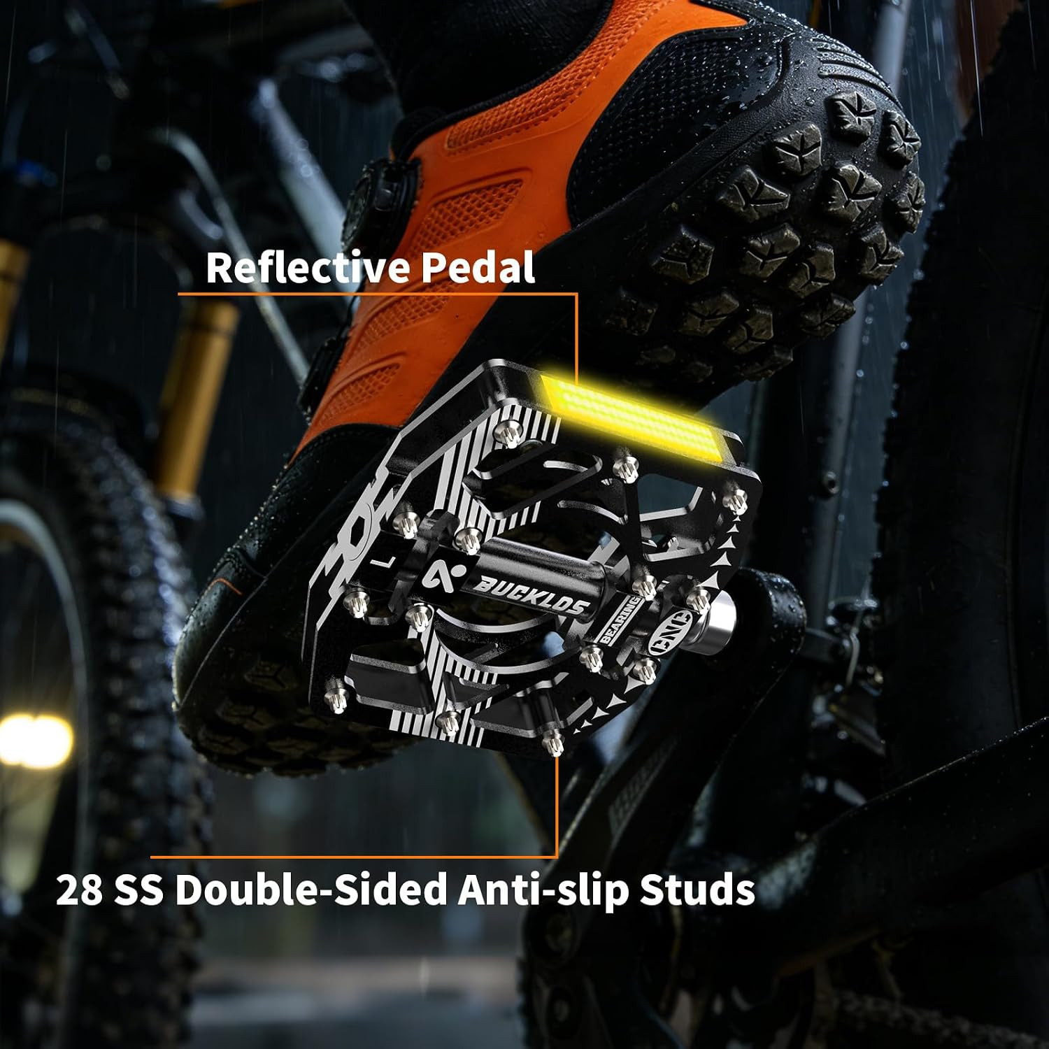 MTB Bike Flat Pedals with Reflectors,Large Platform Mountain Non Slip CNC Alumin