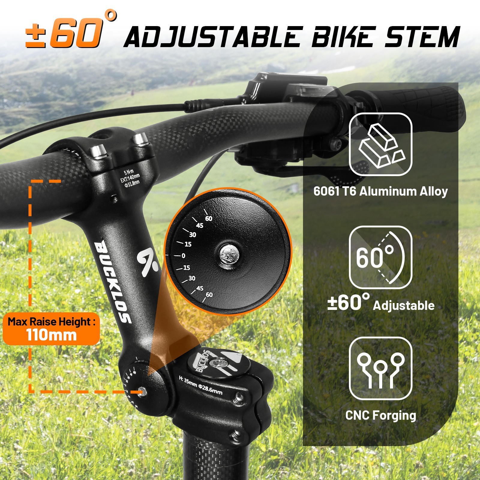 BUCKLOS Adjustable ±60° MTB Bike Stem Road Bicycle Handlebar Fork Riser 31.8mm
