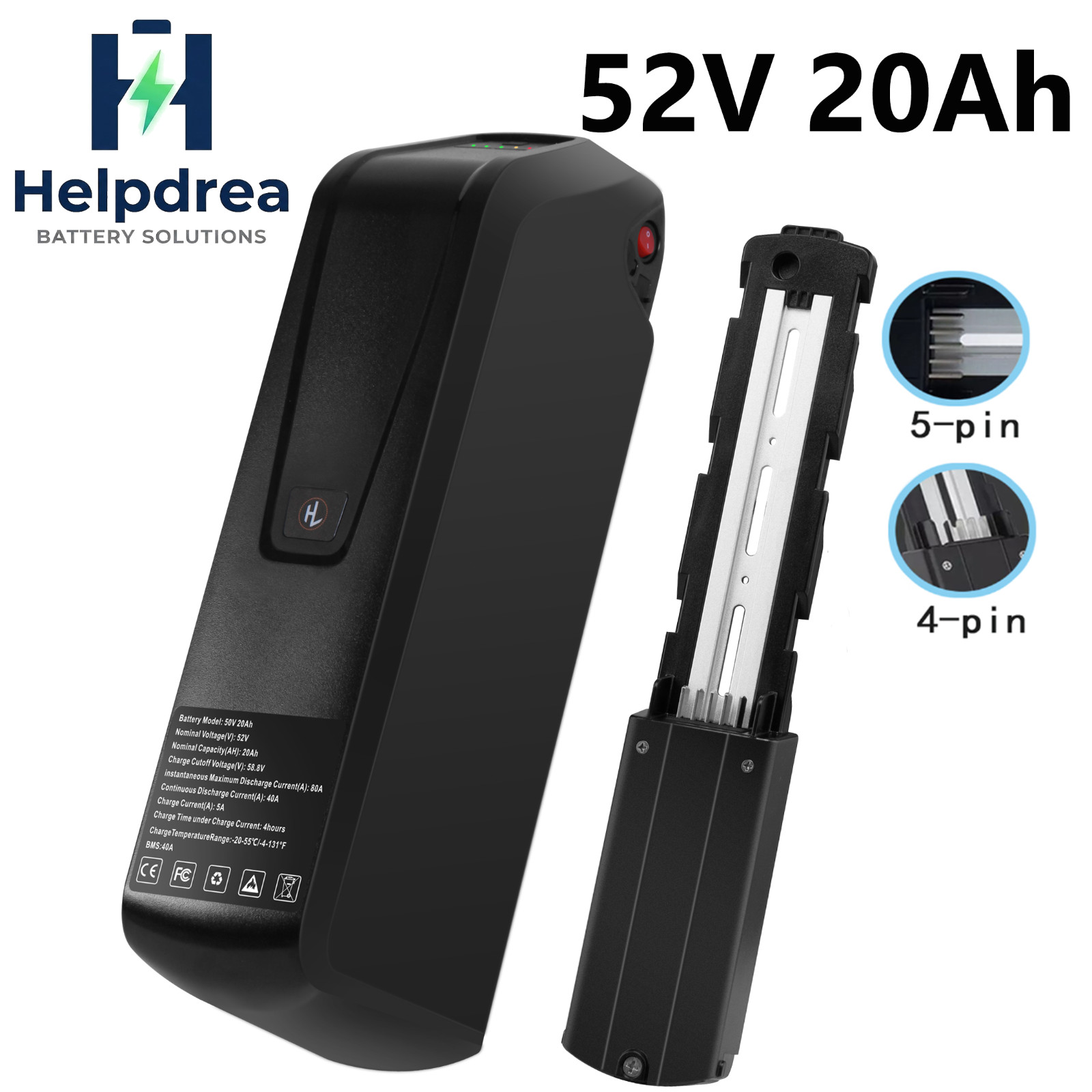 52V 20AH Ebike Battery Replacement Lithium Battery For Bicycle 2000W Motor 5PIN