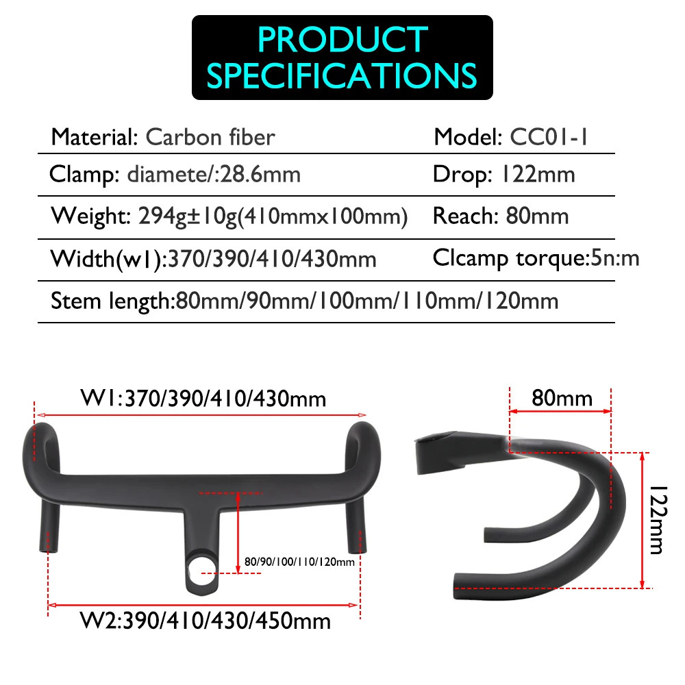 Carbon Fiber Road Gravel Bike Integrated Handlebar with Computer Mount 370-430mm