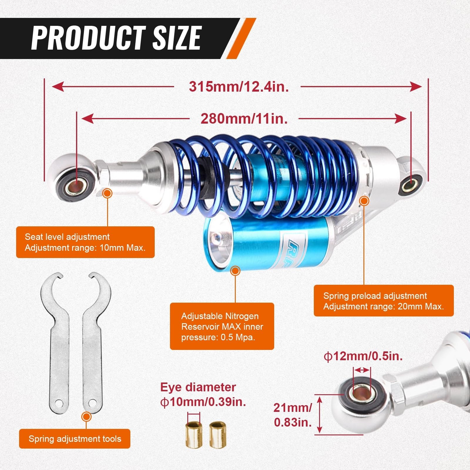 GZYF 11″ 280mm Pair Rear Adjustable Air Shock Absorbers Universal for HONDA f…