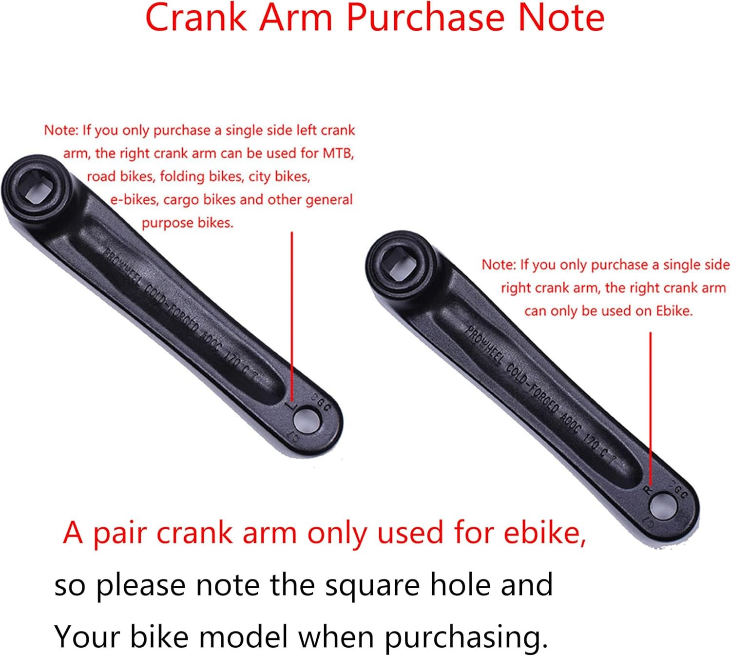 PROWHEEL Ebike Crank Arm Available in Square Hole,140MM/152MM/160MM/165MM/170MM/