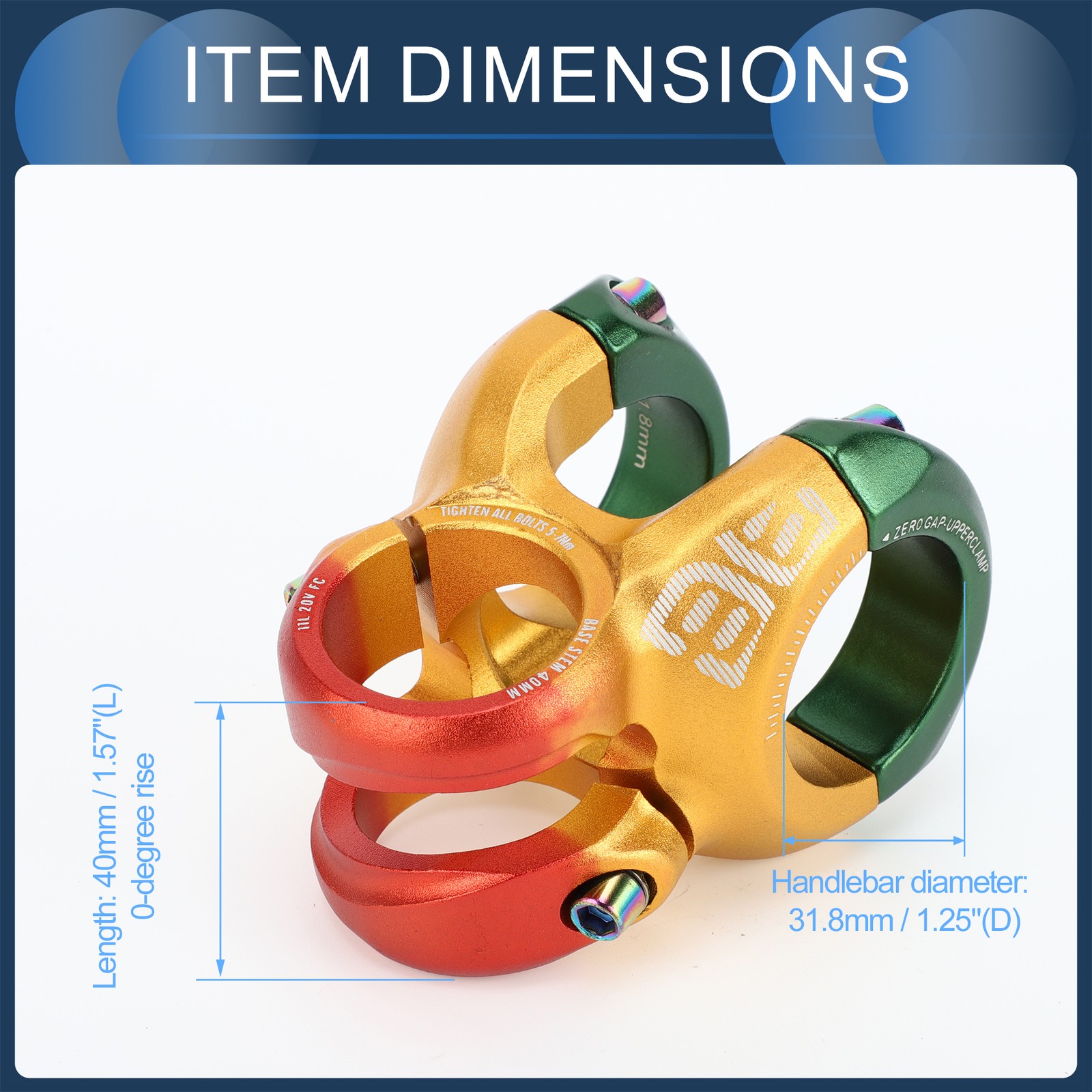 1x Mountain Bike Stem Handlebar 31.8mm Stem 40mm 0-Degree Rise Red Orange Green