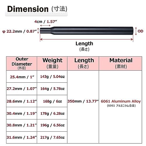 Bike Seatpost, 25.4mm 27.2mm 28.6mm 30.4mm 30.8mm 25.4 x 350mm #01 Black