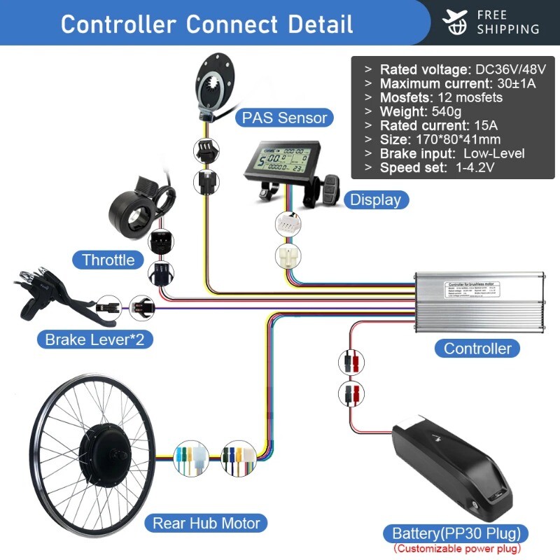 48V 1000W MTB E-Bike Conversion Kit Brushless Gearless Rear Rotate Hub Motor
