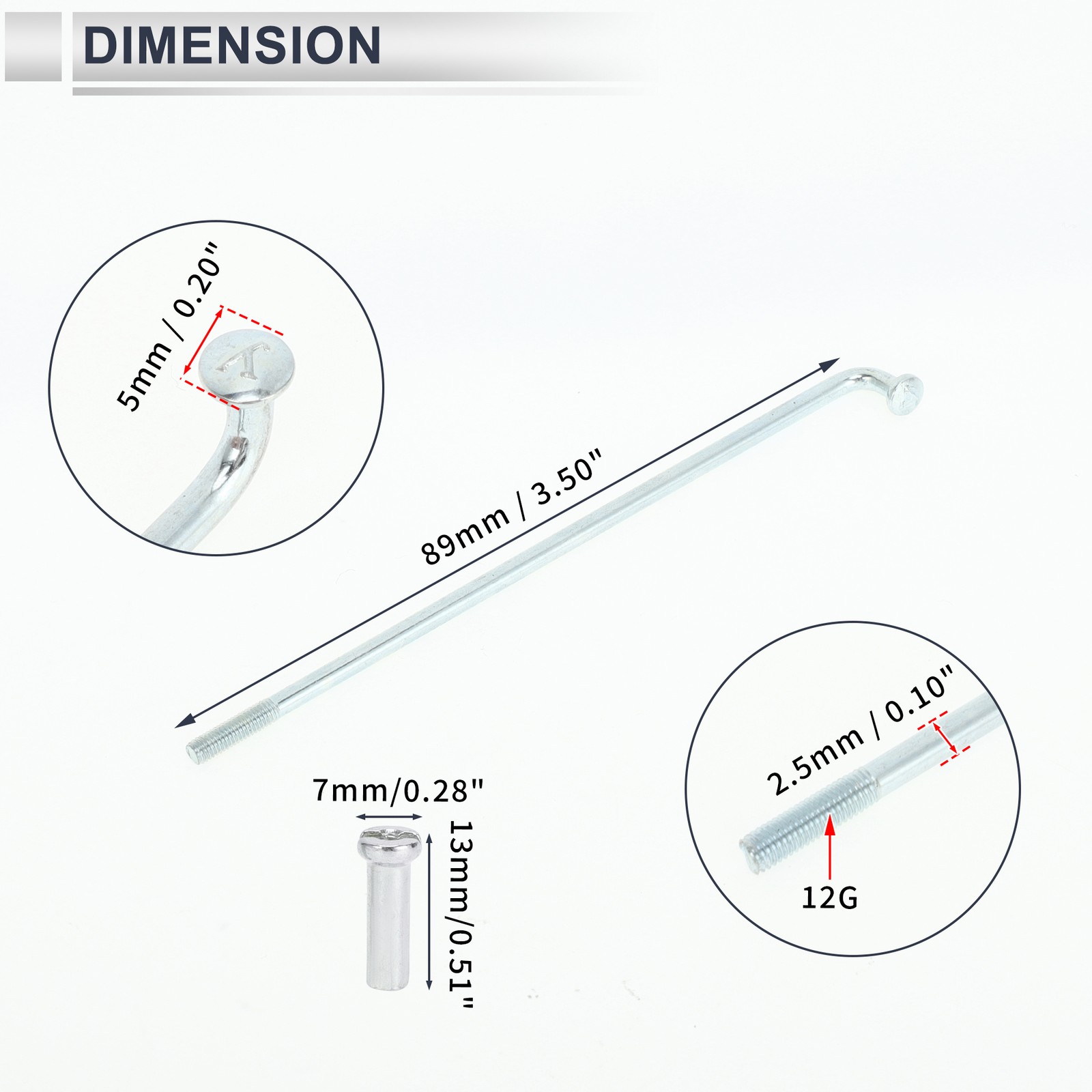 Universal Bike Spokes 12G 89mm for Bicycle, Silver Nipple, 1 Set