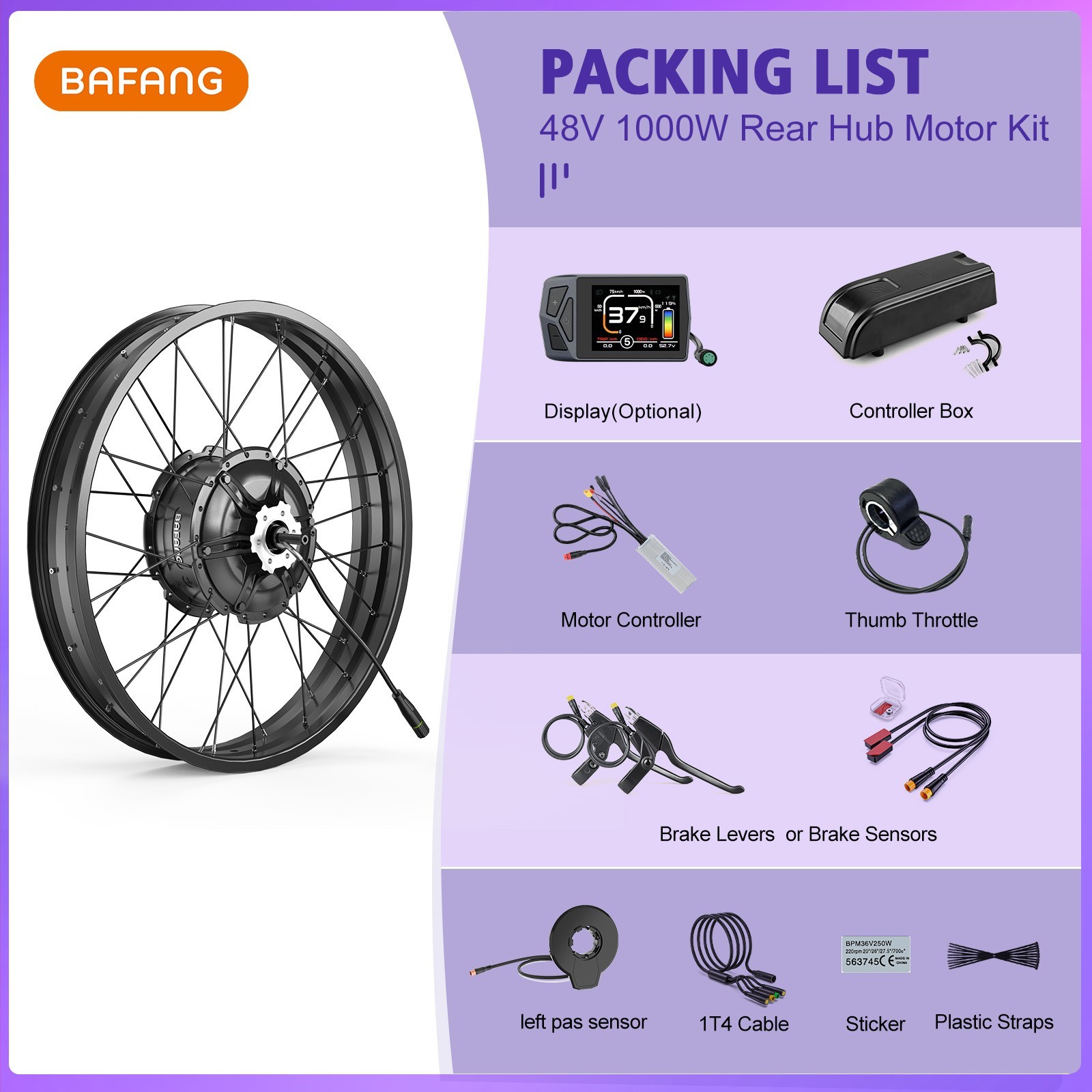 BAFANG 48V1000W Rear Wheel Hub Motor 20″ 26″ EBike Conversion Kits for Fat Tire