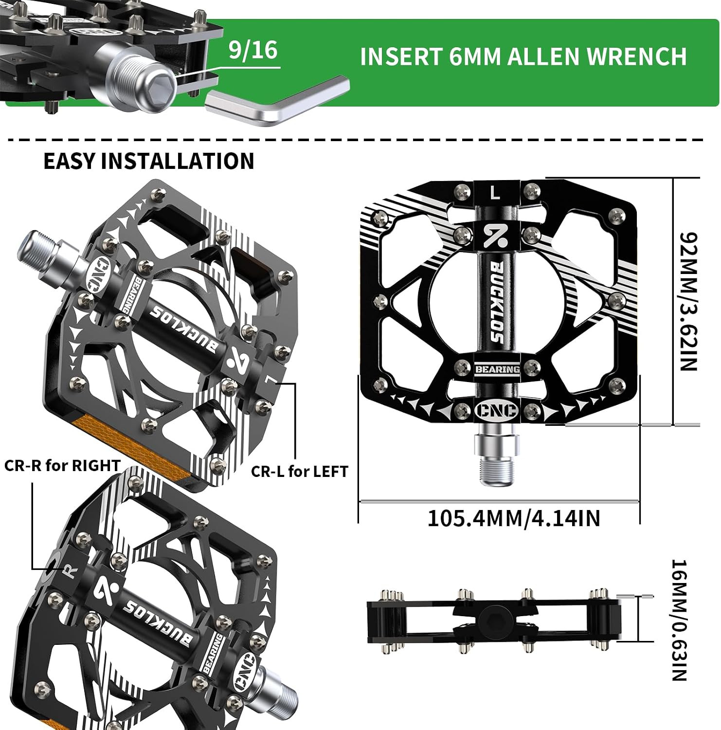MTB Bike Flat Pedals with Reflectors,Large Platform Mountain Non Slip CNC Alumin