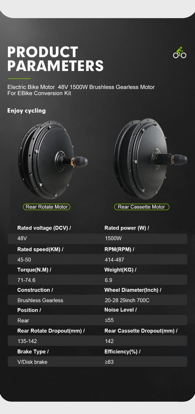 Mountain E-bike Conversion Kit 48V 1500W Brushless Gearless Rear Hub Motor Wheel