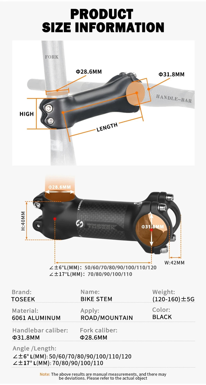 Bicycle Stem 28.6 – 31.8mm Bike Handlebar Stem 6 Degree or 17 Degree 60-120mm