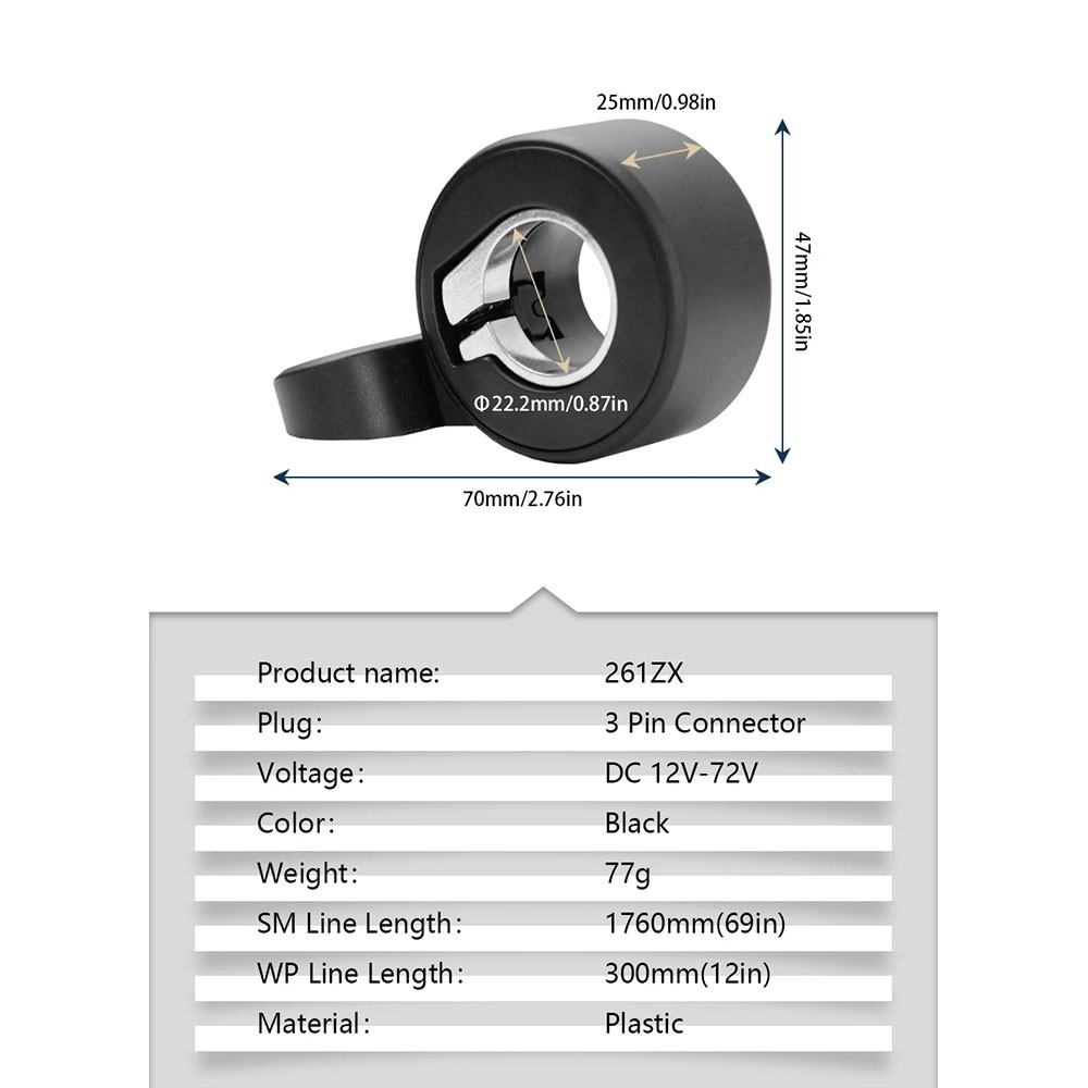 261ZX Thumb Throttle 3Pin SM Plug for Electric Bicycle 12V/24V/36V/48V/52V/72V