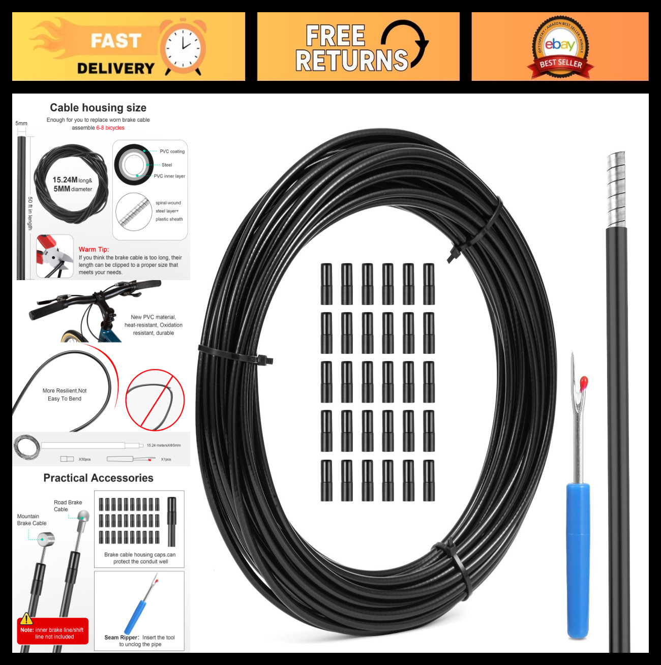 5mm x 50ft Bicycle Brake Cable Housing – Lined Replacement for MTB/Road Bikes, B