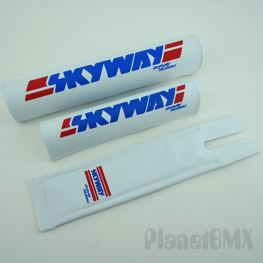 Skyway BMX 3-piece PADSET in WHITE with CLASSIC Logo safety pads NEW Flite USA