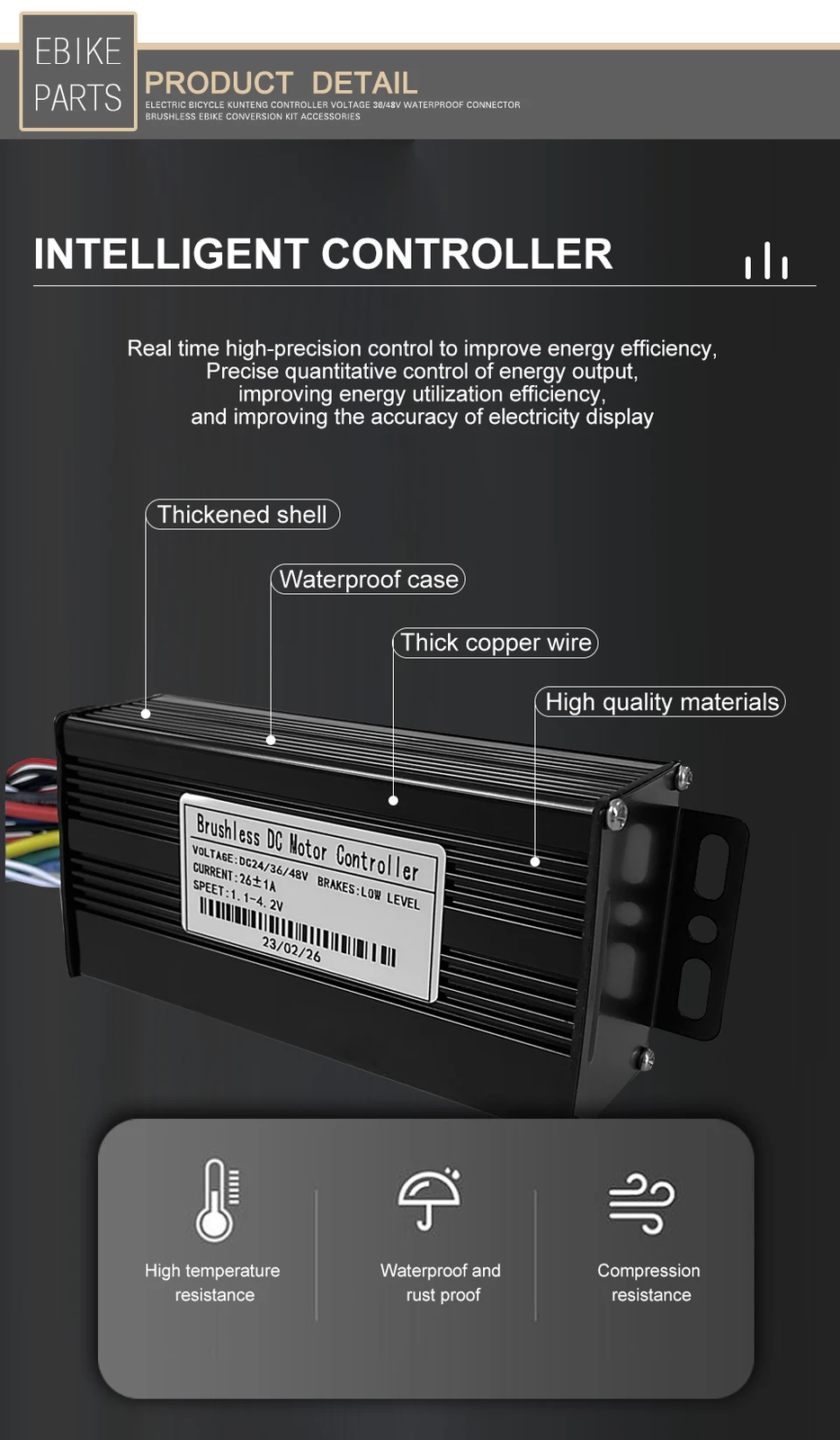 Three Mode 250W-1000W E-bike Brushless Sinewave Controller 17A/26A/30A 36V/48V