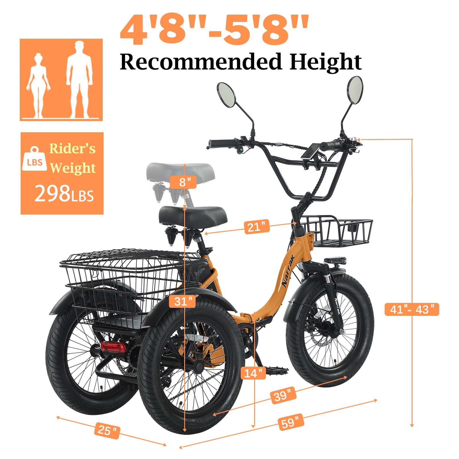 NARRAK Fat Tire Folding Electric Tr-ike Peak for Adults 13Ah Shimano 7-Speed N3