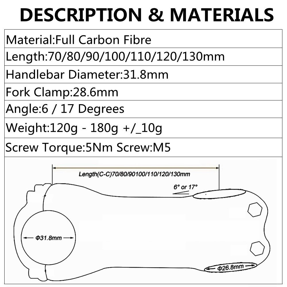 6/17° Carbon Fiber Stem for Road mtb Bike Stems 31.8*70/80/90/100/110/120/130mm