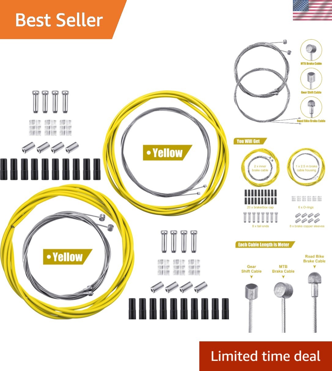 Complete Transmission & Brake Cable Set for Mountain and Road Bikes – Yellow
