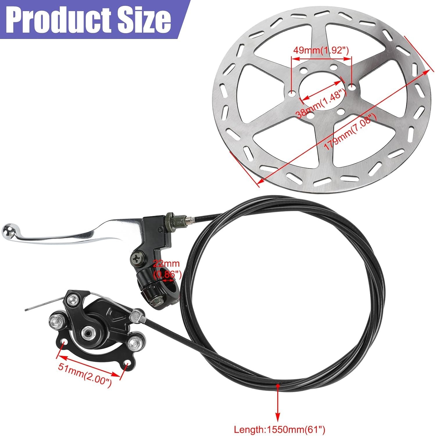 Mini Bike Brake Kit Disc Rotor Caliper Lever for Powersports 180mm 7/8″
