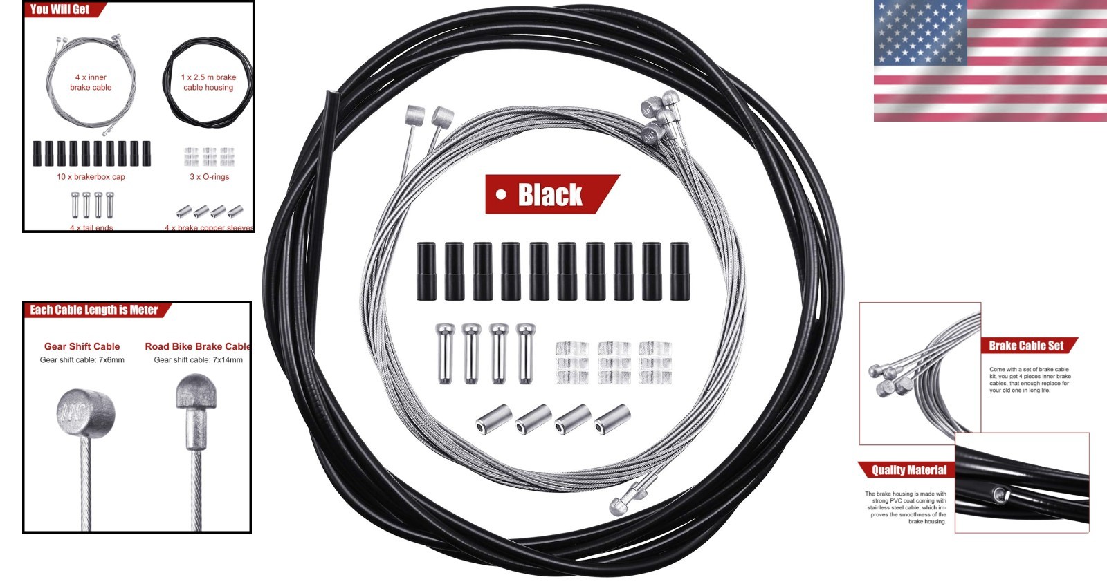 4-Pack Universal Bike Brake Cable Kit – Durable Stainless Steel & PVC for Safety
