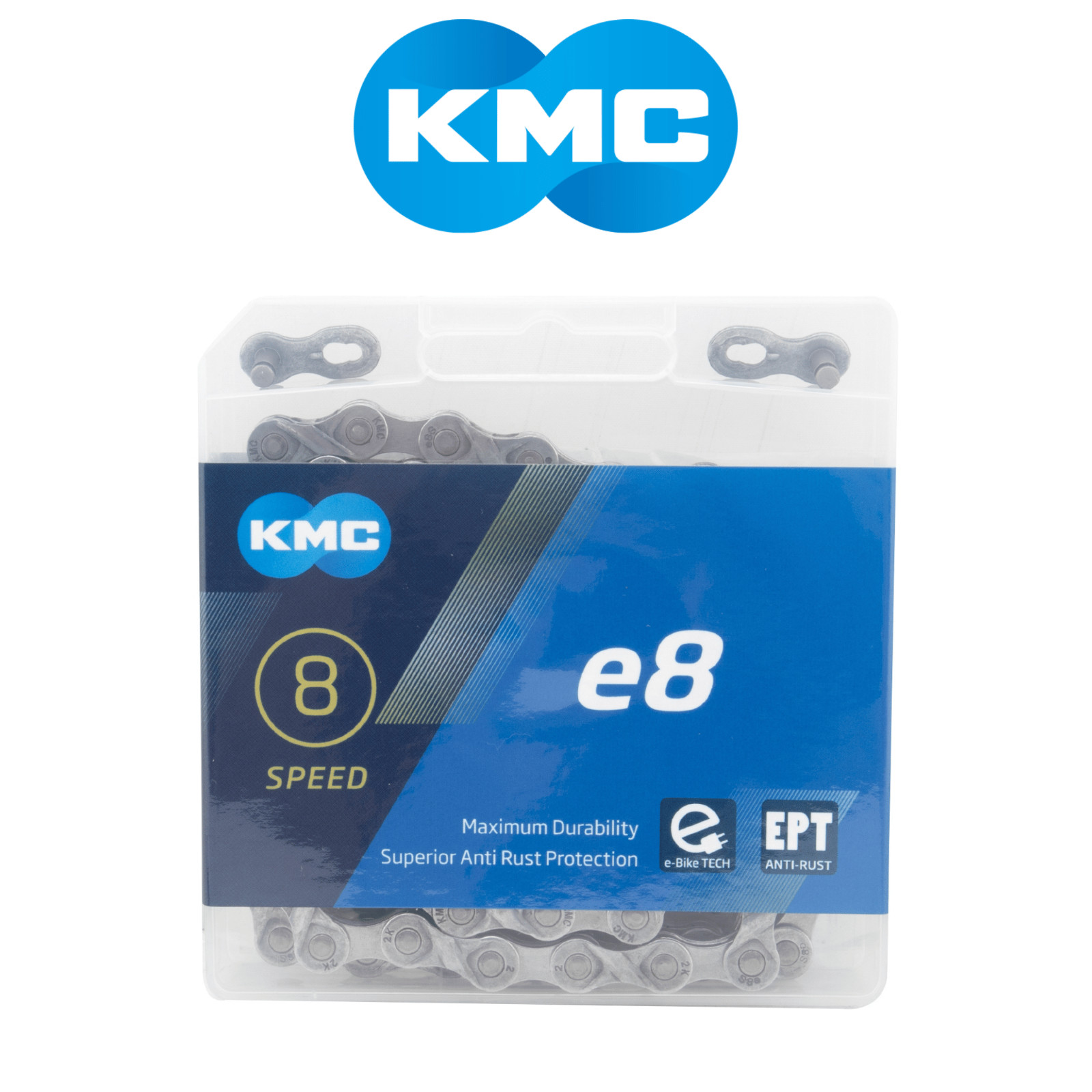 KMC E8 EPT 8-Speed Anti-Rust eBike Chain 1/2×3/32 Silver 122 Links