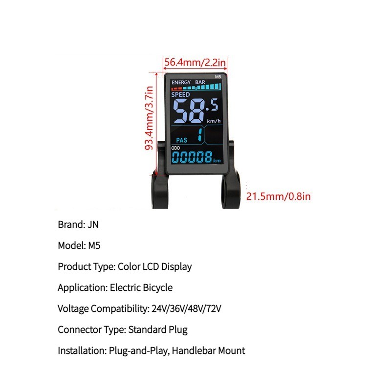 M5 Color LCD E-bike 24V36V48V72V Waterproof/SM Plug for Electric Bicycle Scooter