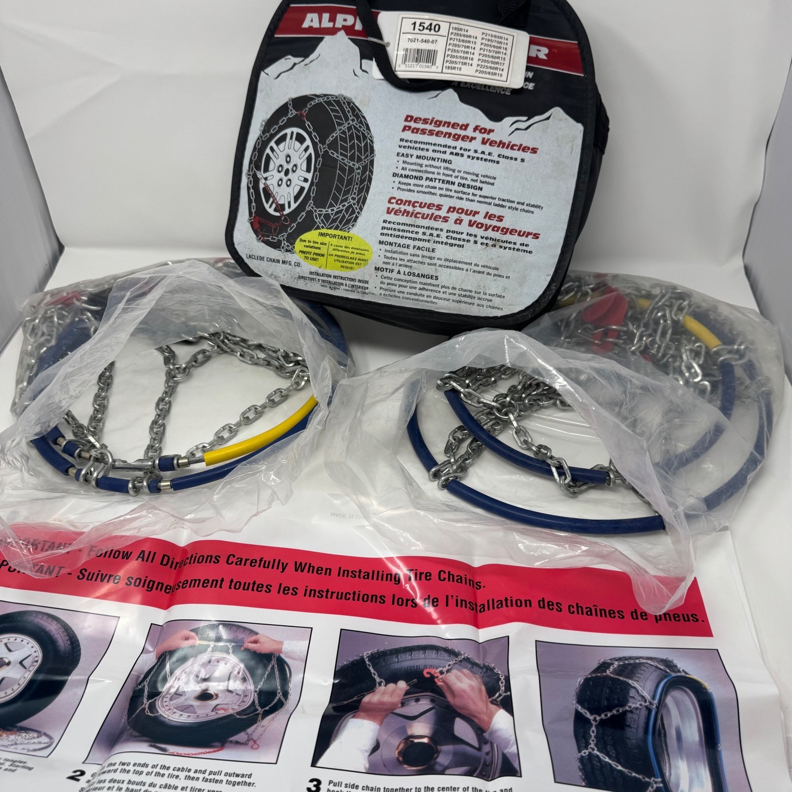 Tire Chains Snow Set of 2 Anti Slip Quick Mounting Built in Tightening Diamond