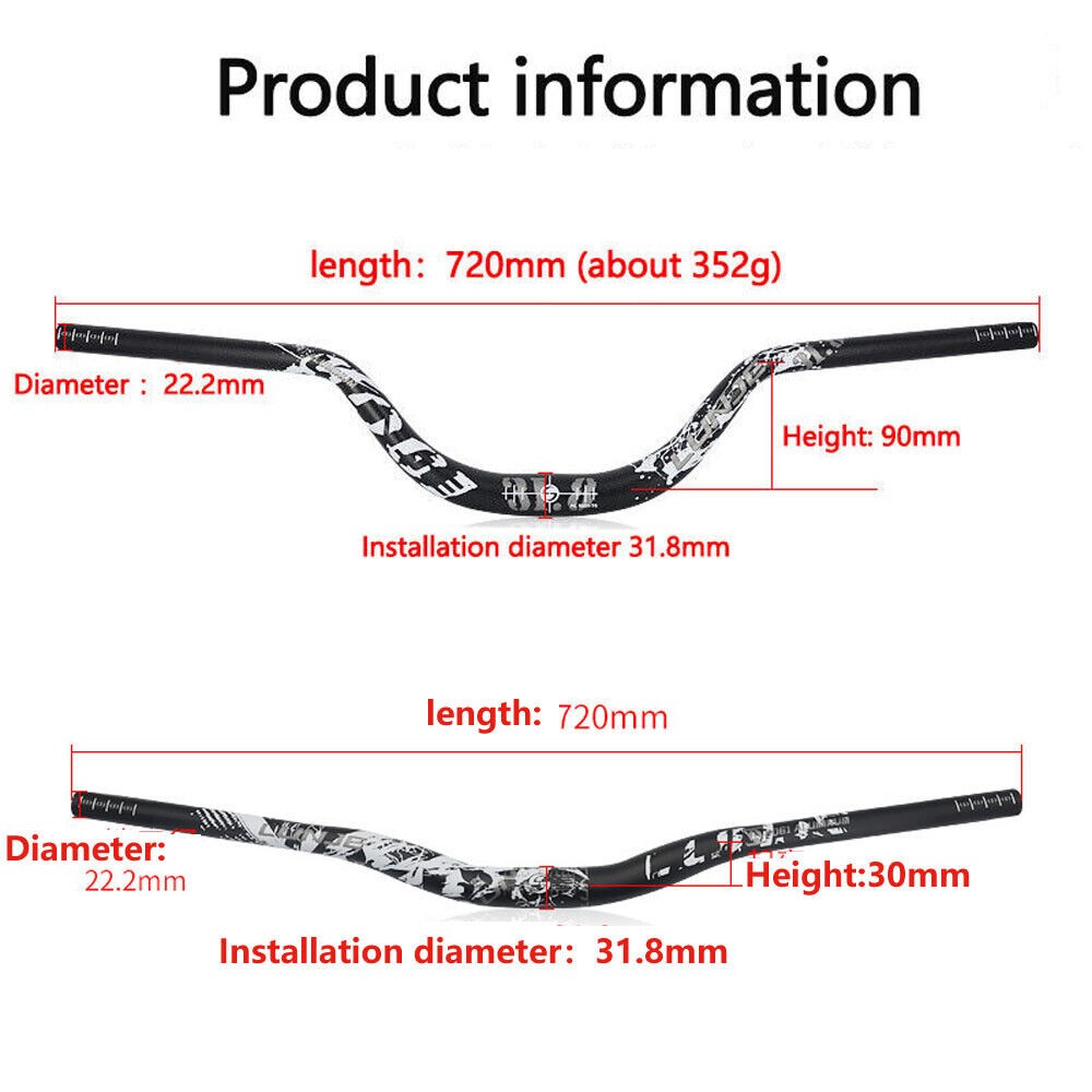 Mountain Bike MTB Handlebars 30/90mm Rise 720mm Long Bicycle Riser for Cycling
