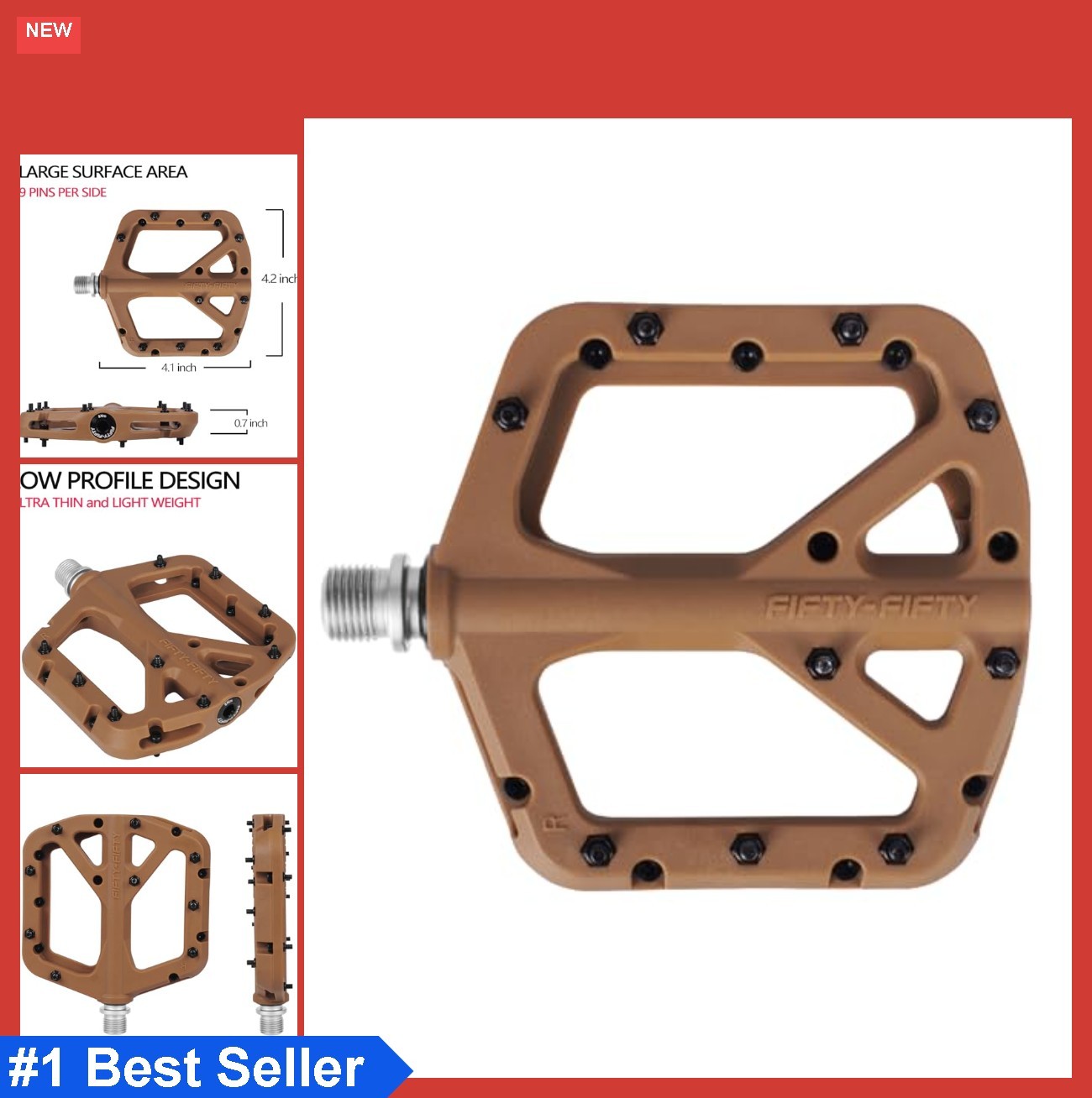 Mountain Bike Pedals 9/16 Inch Nylon Composite Flat Platform 9 Pins Per Side