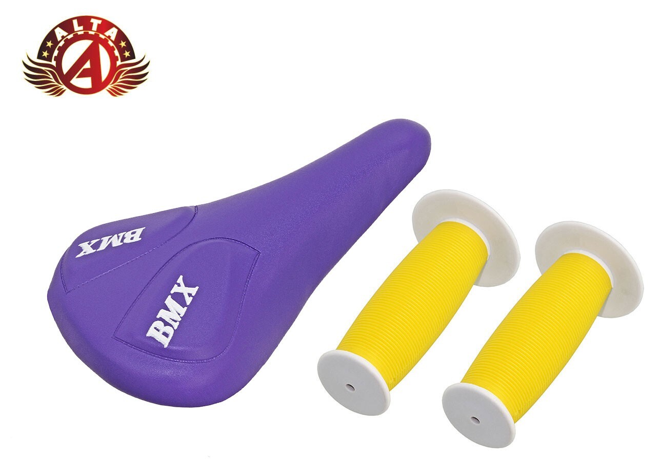 ALTA Purple BMX Vinyl Saddle & Yellow/White Mushroom Grips BMX BIKES.