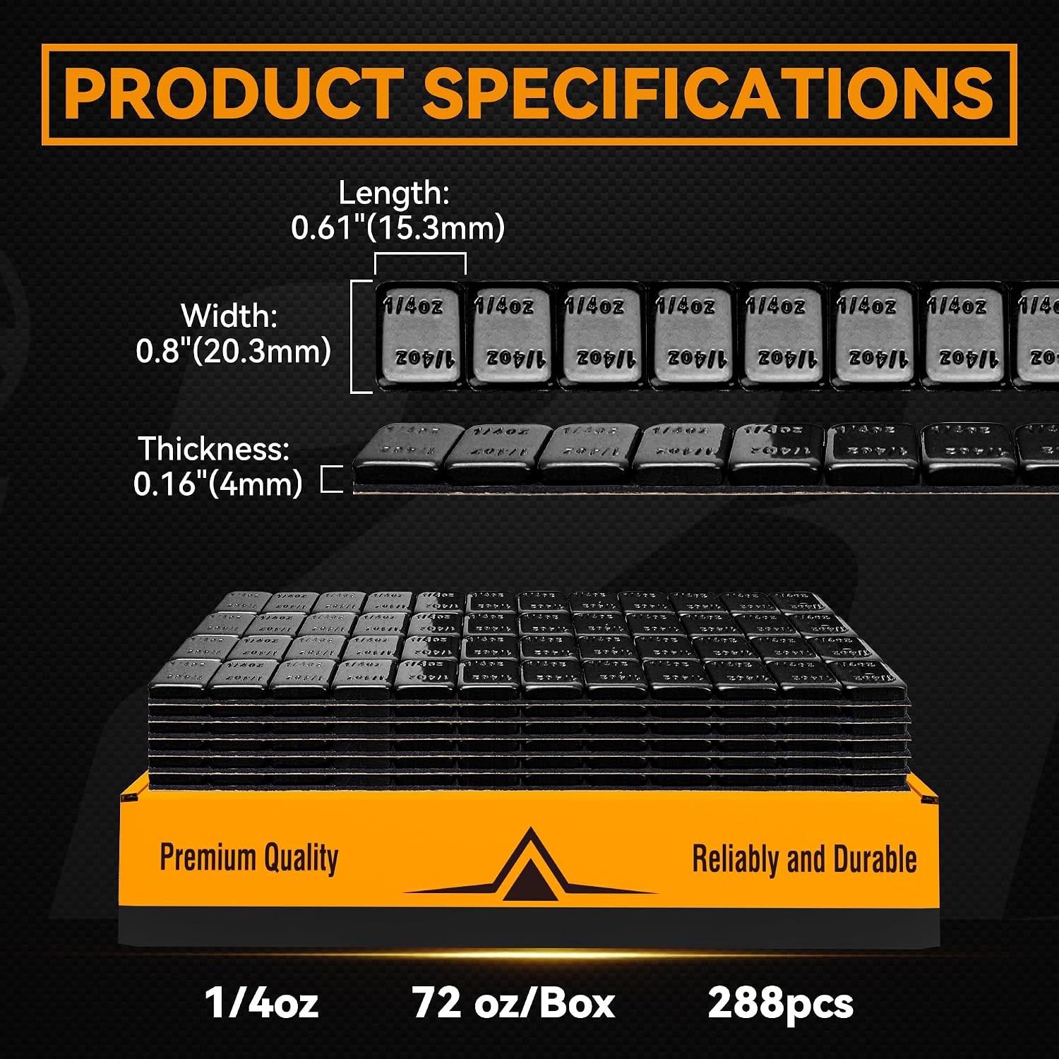 YIZBAP Wheel Weights Black 1/4oz, 72 oz/Box, 288pcs, with Strong Black Adhesive.