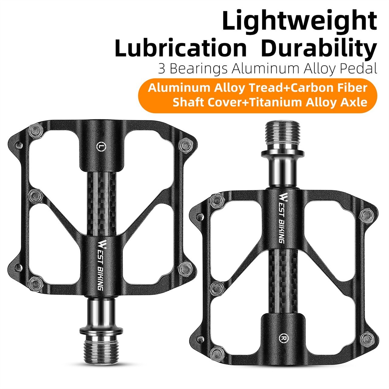 WEST BIKING 3 Bearings Bike Pedals Titanuim Axle Carbon Cover Bicycle Pedals