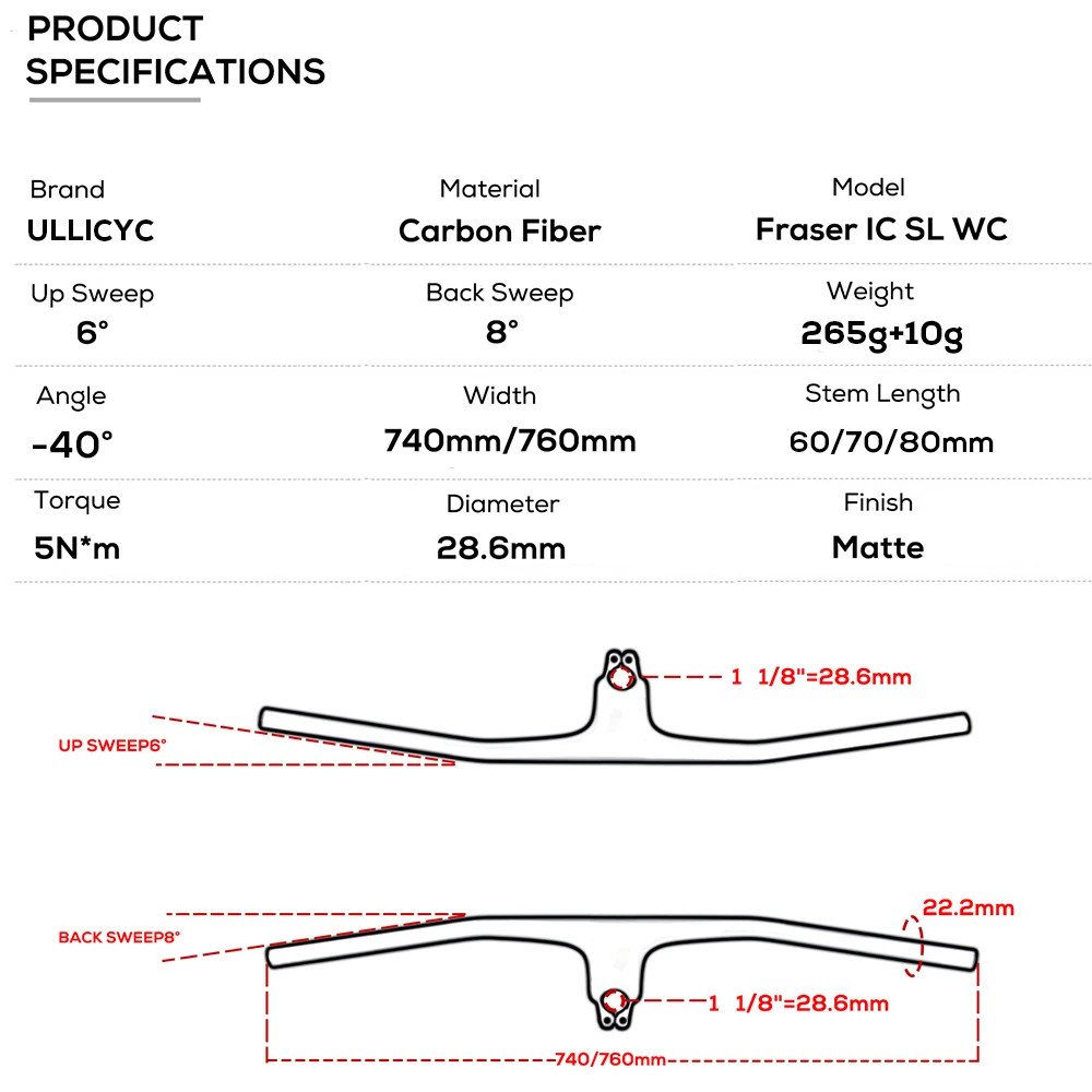 Full Carbon 740MM -40° Integrated MTB Bicycle Handlebar 70-100mm Matte Riser Bar