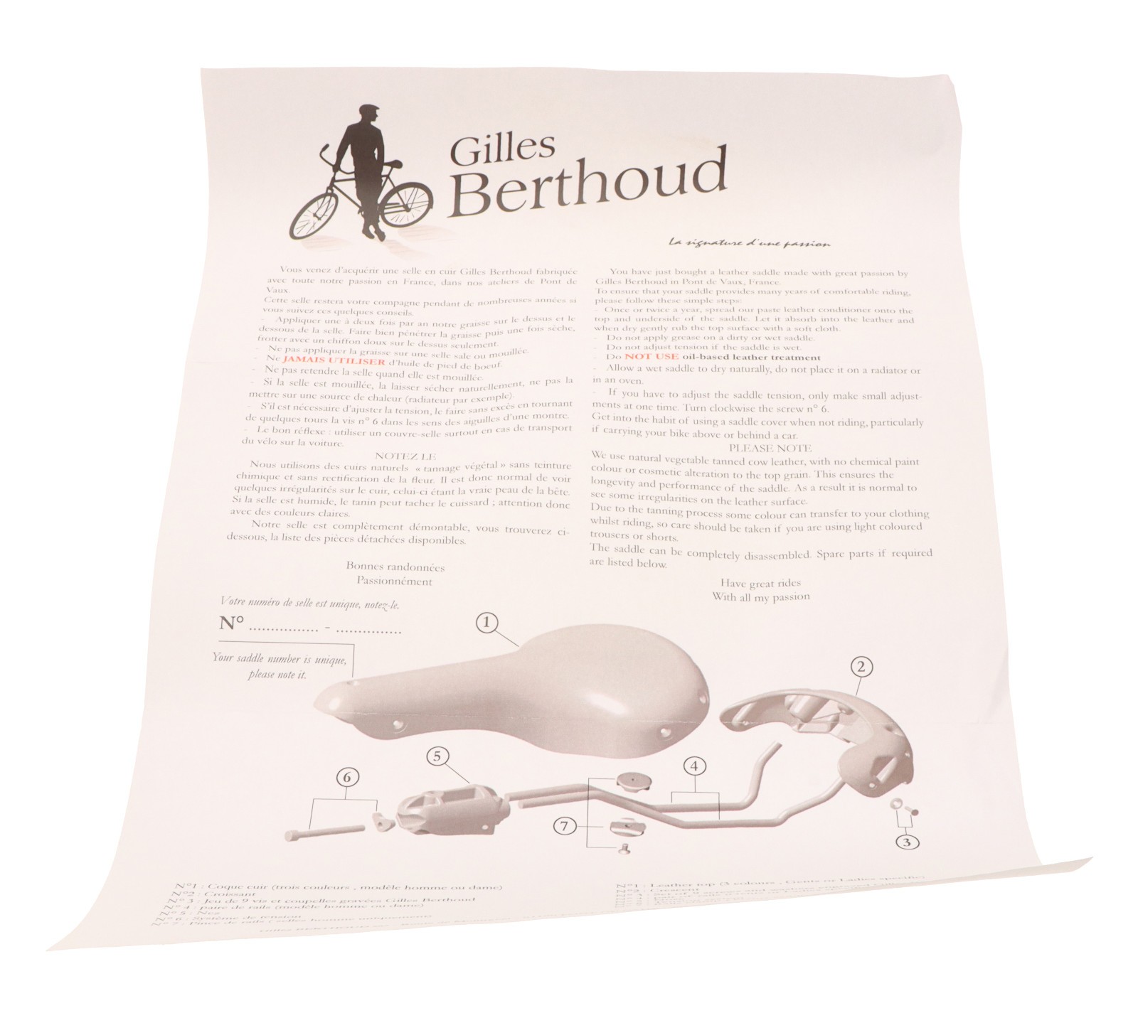 Gilles Berthoud Agnel Saddle Titanium Rails Hard Leather Natural NEW NOS NIB