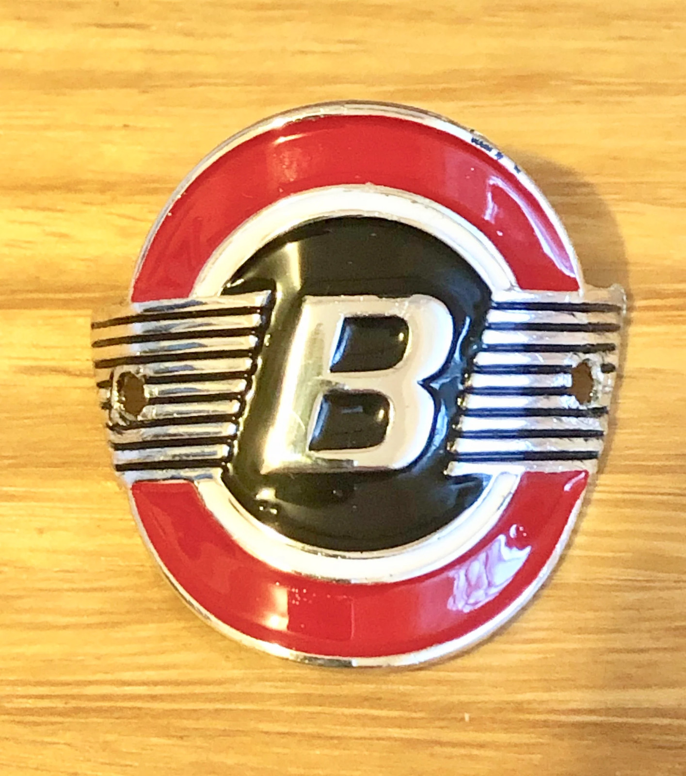 Bennett Head badge – Chrome Highlight Black, White & Red paint – old school bmx