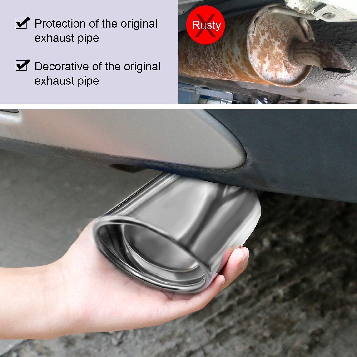 Dsycar Universal 1.75-2.75 inch Curved Exhaust Tips, Straight, Silver