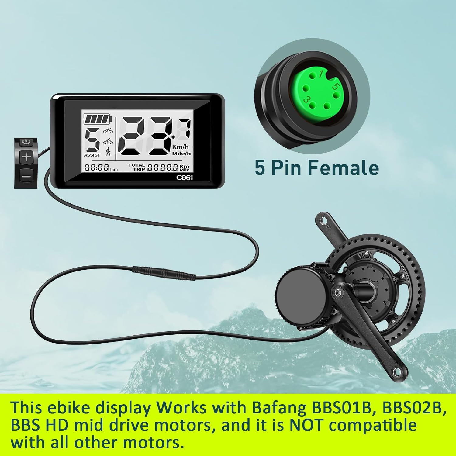 5 Pin Female Ebike LCD Display C961 for Bafang BBS01B BBS02B BBSHD Mid Drive Mot
