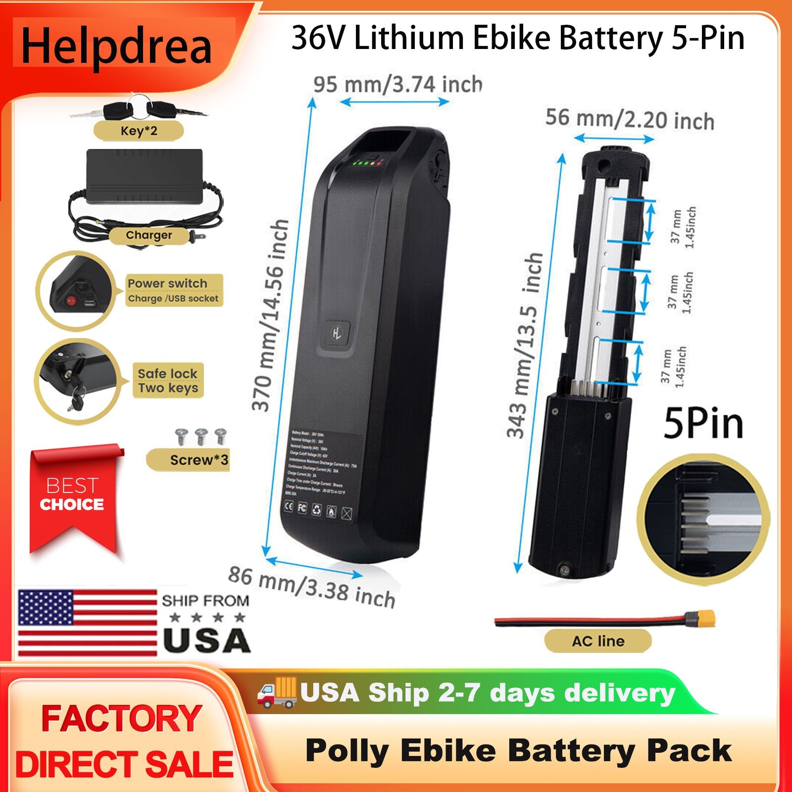 36V Hailong Lithium Ebike Battery for 200W-1000W Electric Bike Bicycle BMS 5-Pin