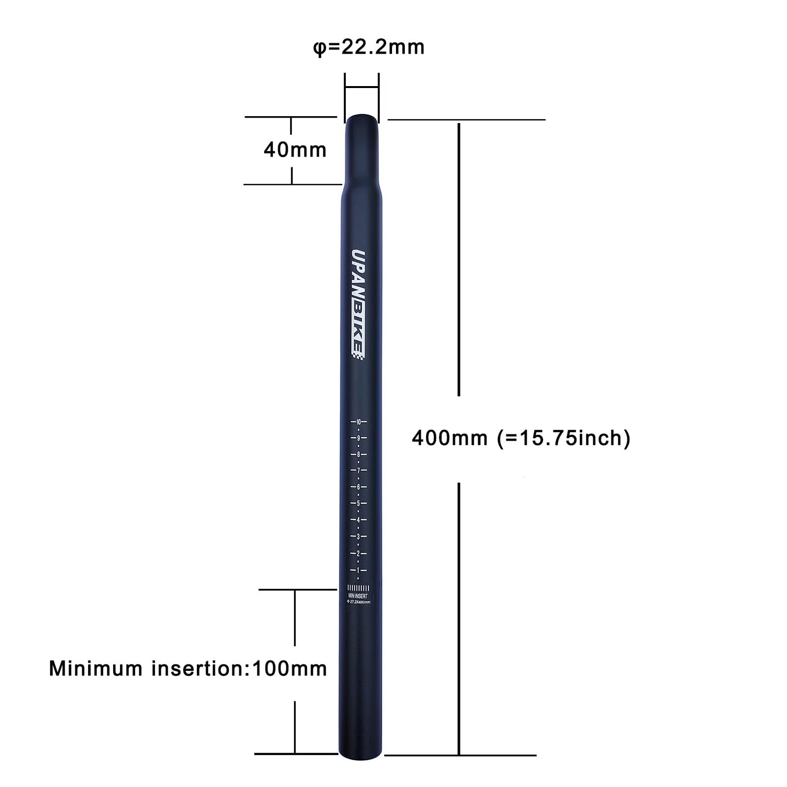 UPANBIKE Bike Seat Post Aluminum Alloy Length 400mm 25.4mm*400mm, Black