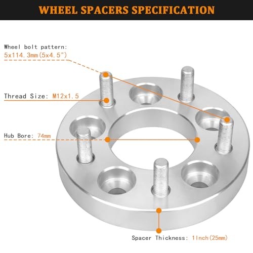 1in 5×4.5 to 5×4.75 Wheel Spacers, 4pcs 5×114.3 M12x1.5 Studs 74mm Bore