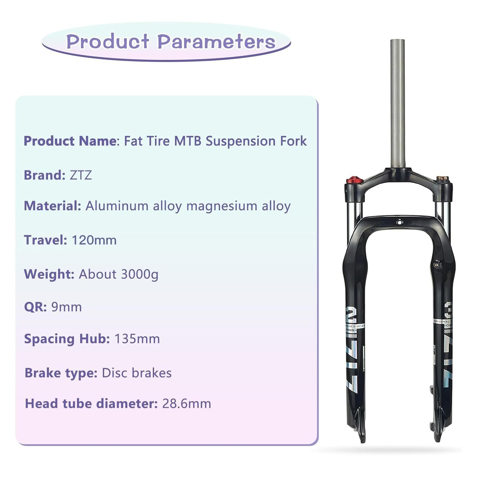 ZTZ 26 x 4.0 inch Fat Tyre MTB Suspension Fork – 100 mm Travel, 135 mm Spacin…